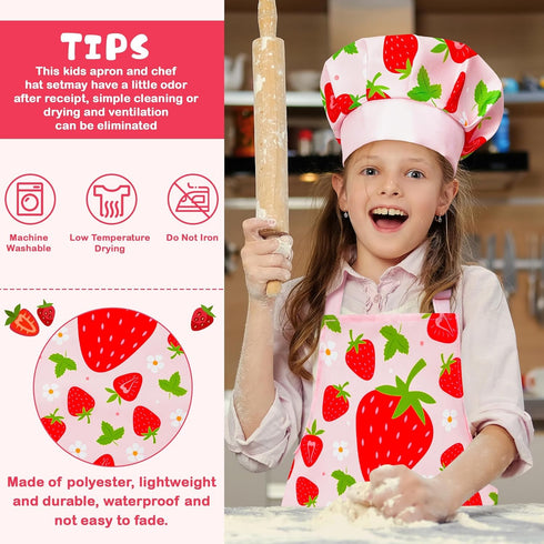 Set 2Pcs R HORSE Kid Apron and Chef Hat - Strawberry Adjustable Children Kitchen Toddler Apron for Girls Role Play Chef