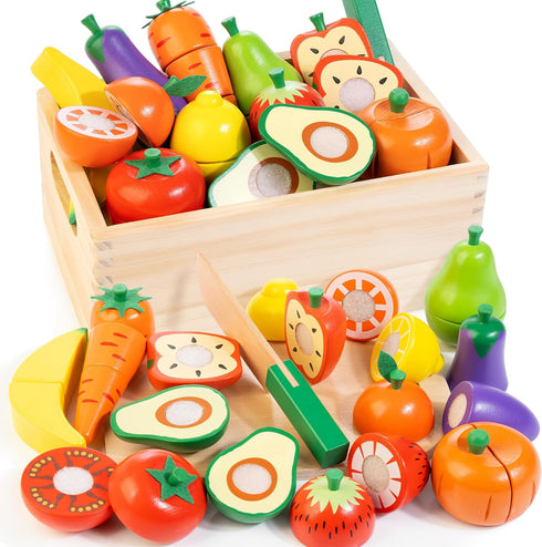 Wooden Play Food for Toddlers, Fruit and Veggies Cutting Set for Kids,