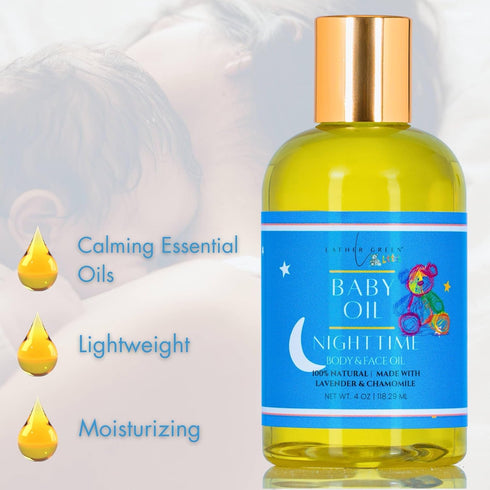 Lather Green 4 oz Nighttime Calming Baby Oil - Calms & Hydrates Babys Skin with Lavender & Chamomile