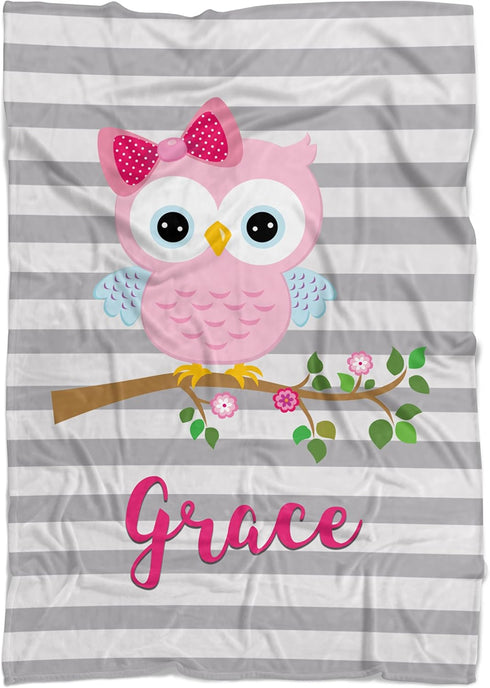 Owl Blanket - Gray Bird Owl Personalized Name Blanket
