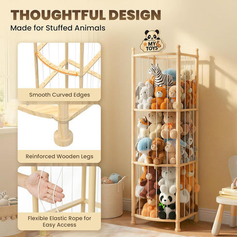 PPJOKERBOY 15.7 15.7 53.5 Stuffed Animal Storage Organizer, Wooden Plush Storage Tower with Elastic Cords, Space-Saving