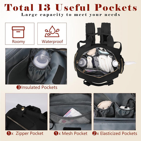 Backpack Pad,13 Diaper Bag Travel Baby Bag with Changing Pockets, Insulated Pockets,USB Charging Port,Baby Shower