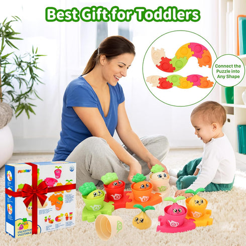 MOONTOY Baby Montessori Stacking Toys, 18pcs Plant Flower Pots & Puzzles Set for 1+ Year Old