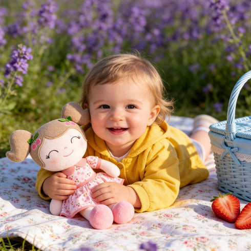 Plush Cherry Girl Doll - Soft Pink Baby Gift with Adorable Gift Bag