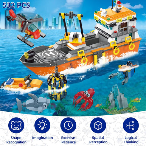 Set, 6 8 10+ City Ocean Explorer Ship Building Fun Toy Exploration Boat Building Block Kit with LED Lights, Helicopter
