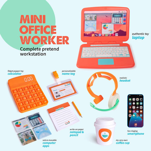 Born Toys Pretend Play Home Office Set - Includes Toy Laptop, Phone, Calculator, Headset & Pop It for Ages 3-7