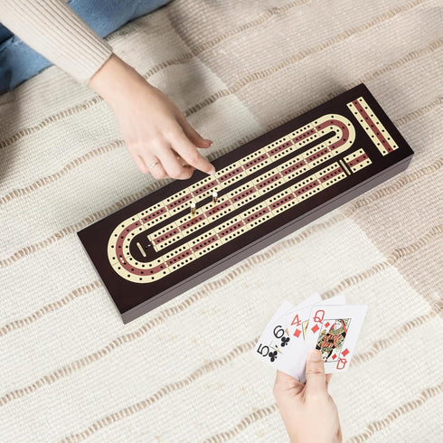 Set, 2 3 ESENHARBER Cribbage Board Game Premium Wooden Board with Magnetic Lock and Metal Pegs, Playing Cards