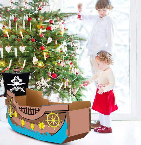 Eaasty Coloring Pirate Ship Cardboard Boat Playhouse for Kids Crafts DIY Large Kids Outdoor Playhouse Toy for Toddlers