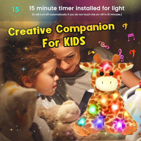 11'' Hopearl LED Musical Stuffed Giraffe Lighting Up Singing Plush Toy Adjustable Volume Lullaby Animated Soothe
