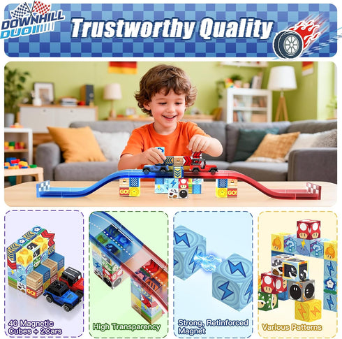 Set, 52PCS 2 3 4 5 6 7 8, Magnetic Tiles Race Track STEM Educational Magnetic Building Blocks with Race Cars