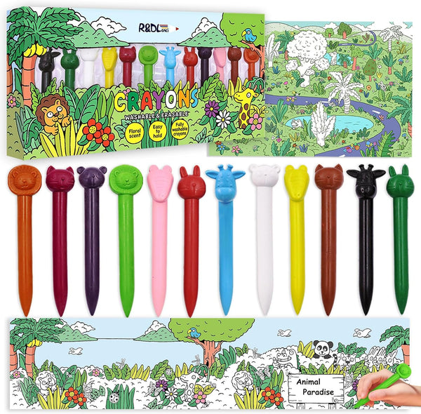 R&DLanci Animal Crayons for Toddlers, 11-colors Washable Crayon Set with Eraser & Drawing