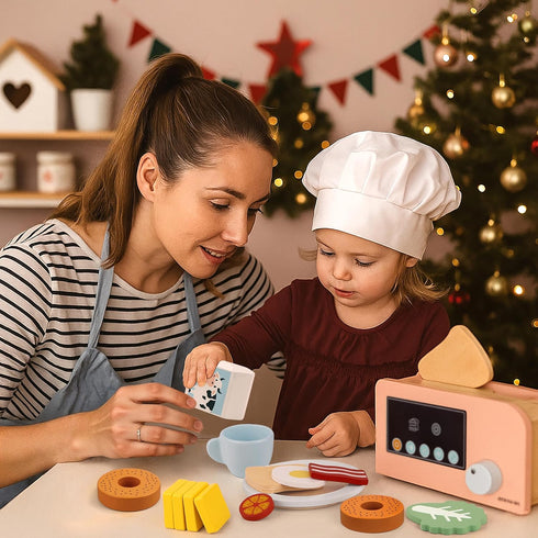 18-Piece Playset, 3+ Pillowhale Bagel & Toast Pop-Up Toaster Wooden Breakfast Montessori Kitchen Toy Includes Bagels
