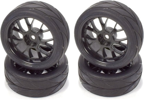 Apex RC Products 1/10 On-Road Black Mesh Wheels, V Tread Rubber Tires (Set of 4) #5002