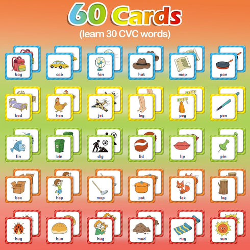 CVC Word Match Game, Memory Game, 60 Pcs Toddler Card Games for Kids Ages 3-6, Phonics Flash Cards for Preschool