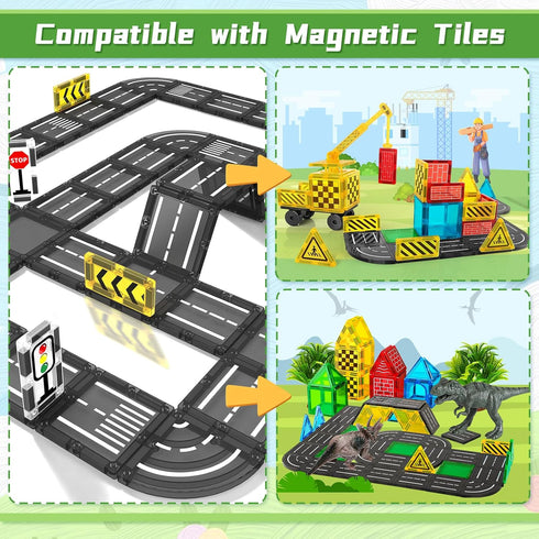 Magnetic Tiles Road Set, Magnet Tiles for Kids Ages 3-8, Montessori Educational STEM Creativity Toys for Toddlers