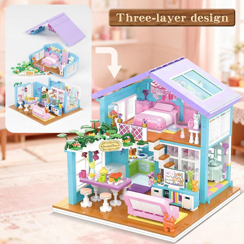 SZRUIZITEC 730PCS Set 14+ Pink Cat's House Building Blocks Kit,Dream Villa Architecture STEM Toys Friends Building