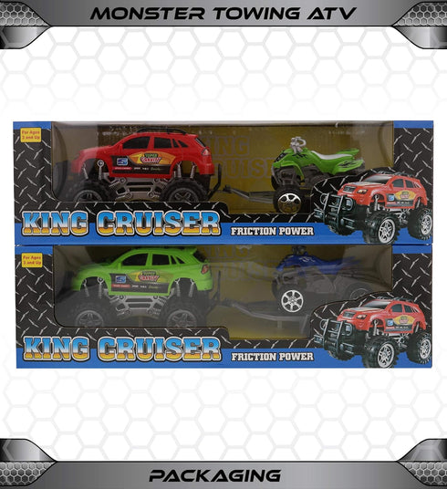 Mozlly 2 Sets of Friction Powered Monster Trucks with SUV Towing ATV Trailers - Realistic Truck and Trailer Toys