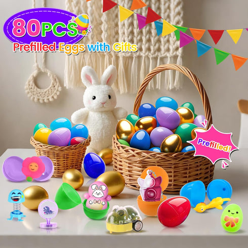 Ulosharky 80 Pack Prefilled Easter Eggs with Toys Inside, Plastic Eggs Fillers for Toys Bulk, Easter Basket