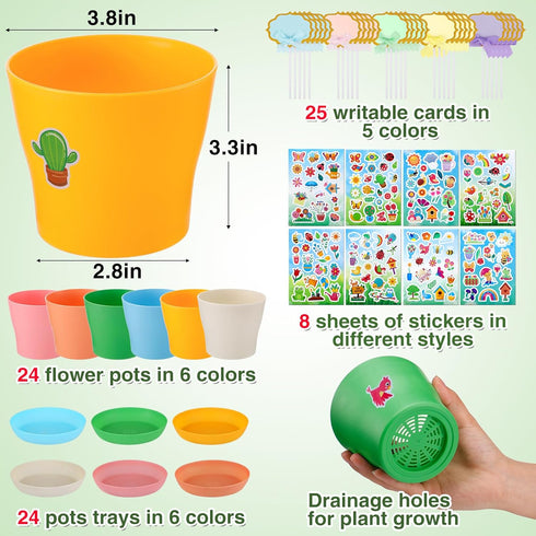 24 Pack 4+ Durable Resin Garden Pot Craft Kit for Kids- Colorful Flower Plant Spring Crafts with Super-adhesive