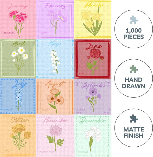 Birth Month Flower Puzzles for Adults 1000 Pieces - High Resolution, Smooth Edged, Matte Finished Jigsaw Puzzle