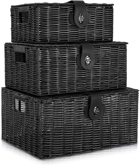 Set of 3 Woven Storage Basket Box - Stackable Bin with Lid & Lock, Built-in Carry Handles for Nursery, Baby Closet
