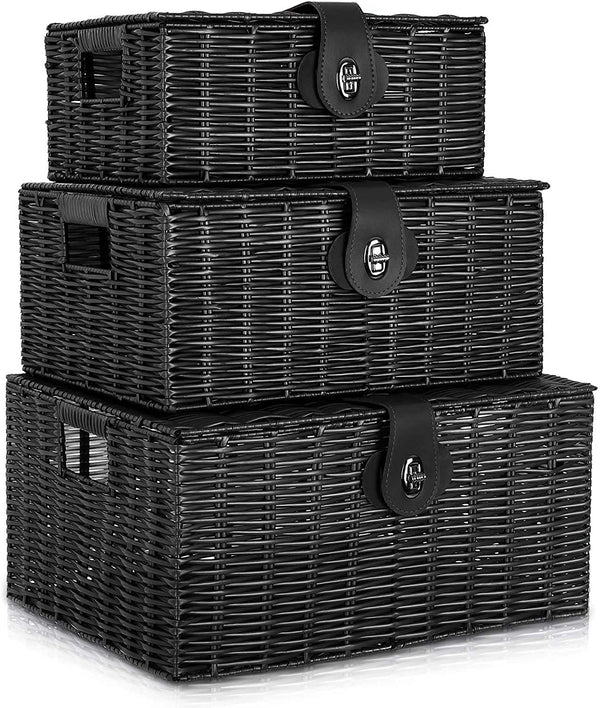 Set of 3 Woven Storage Basket Box - Stackable Bin with Lid & Lock, Built-in Carry Handles for Nursery, Baby Closet