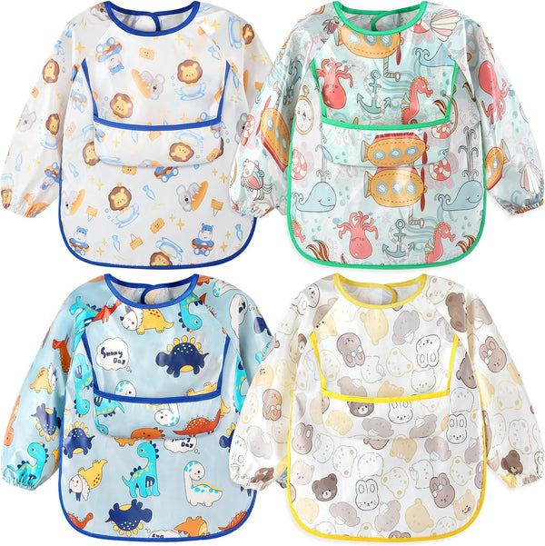 Accmor 4 Pack Long Sleeve Baby Bibs, Waterproof Sleeved Bibs for Eating