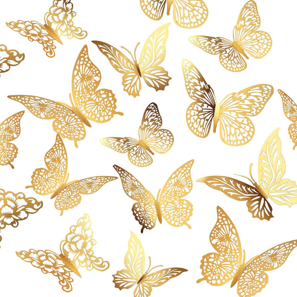 3D Gold Butterfly Wall Decor, 3 Sizes 4 Styles Butterfly Party Decorations, Removable Stickers for Room Mural (Gold,