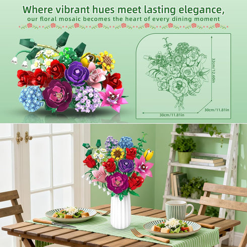 Set kiothdre Flower Bouquet for Adults, Botanical Collection Building Block Toy with Roses Sunflower for Teen Girls