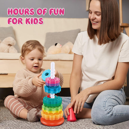 Baby Spinning Stacking Toys, Sensory Toys for Toddlers 1-3, Rainbow Ring Spin Montessori Toy for 6-12 Months