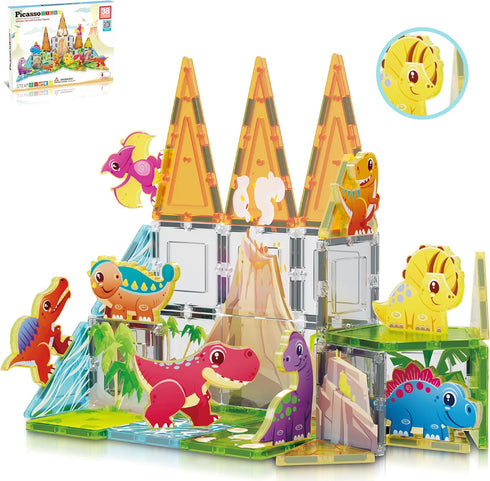 PicassoTiles Magnet Tiles Building Blocks, Dinosaur Theme Set with 8 Magnetized Action Figures, STEM Learning Activities