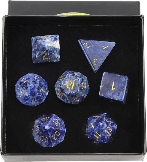 Amogeeli 7pcs Sodalite Hand-Carved Crystal DND Dice Set, Stone Polyhedral Rolling Kit for RPG MTG COC Table Game