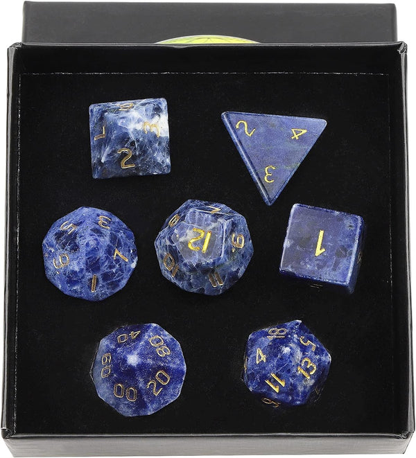 Amogeeli 7pcs Sodalite Hand-Carved Crystal DND Dice Set, Stone Polyhedral Rolling Kit for RPG MTG COC Table Game