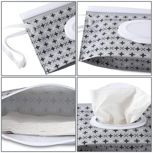 FEBSNOW 4 Pack Baby Wipe Dispenser, Portable Refillable Holder, Reusable Travel Wet Wipe Pouch (Geometric)