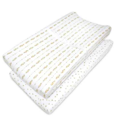 American Baby Company 2 Pack Printed 100% Cotton Knit Fitted Contoured Changing Table Pad Cover - Taupe Feathers