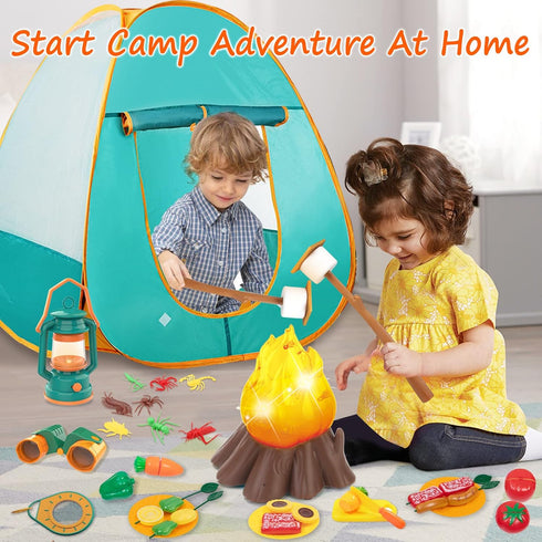 Mitcien Kids Camping Gear Set with Play Tent, Pretend Campfire, Fruits, Marshmallow Toys for Indoor Outdoor
