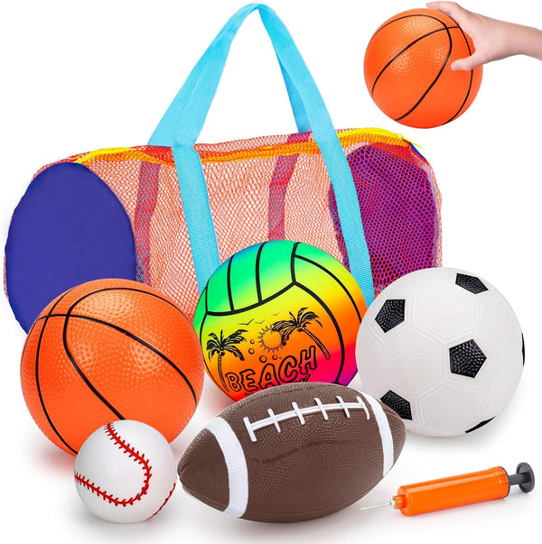 5 Pack Sports Balls Set for Kids with Bag, Includes Football, Soccer, Basketball, Baseball, Volleyball Toys
