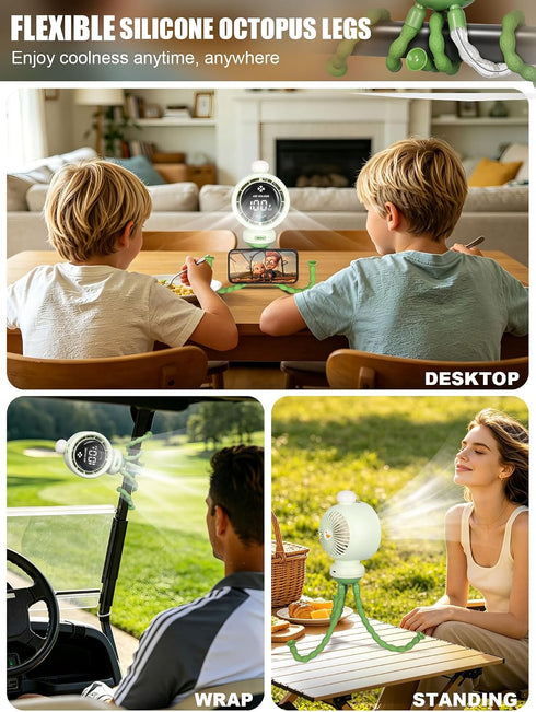 Generic 135 3-Color 6mm Portable Stroller Fan with Auto Oscillation, LED Night Light, Rechargeable Battery & Flexible