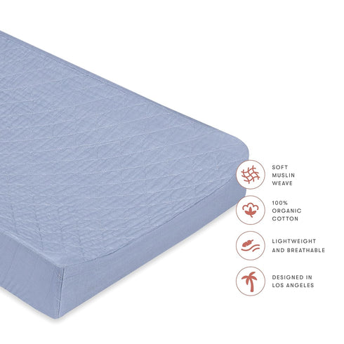 Babyletto 100% Organic Cotton Quilted Changing Pad Cover, GOTS-Certified, Fitted 360°, Ultra-Soft Muslin - Dewdrop Blue