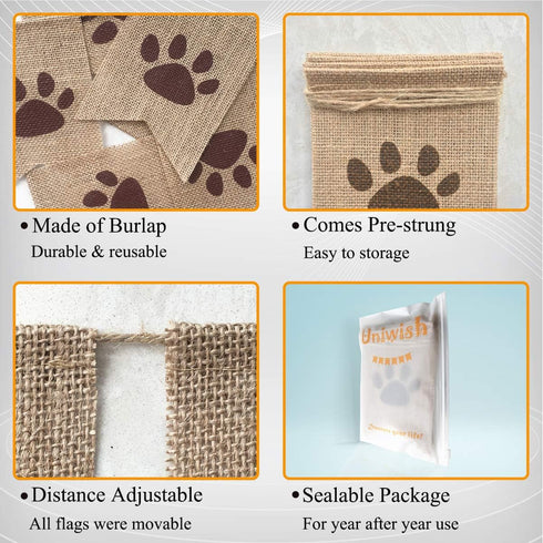 Uniwish Dog Paw Print Banner, Puppy Animal Theme Birthday Party Decorations, Rustic Burlap Bunting