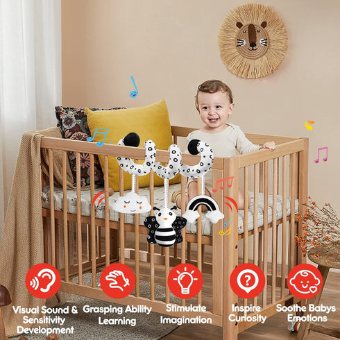 Baby Spiral Hanging Stroller and Car Seat Toys, Black and White High Contrast Sensory Toy for Newborns, Plush Activity