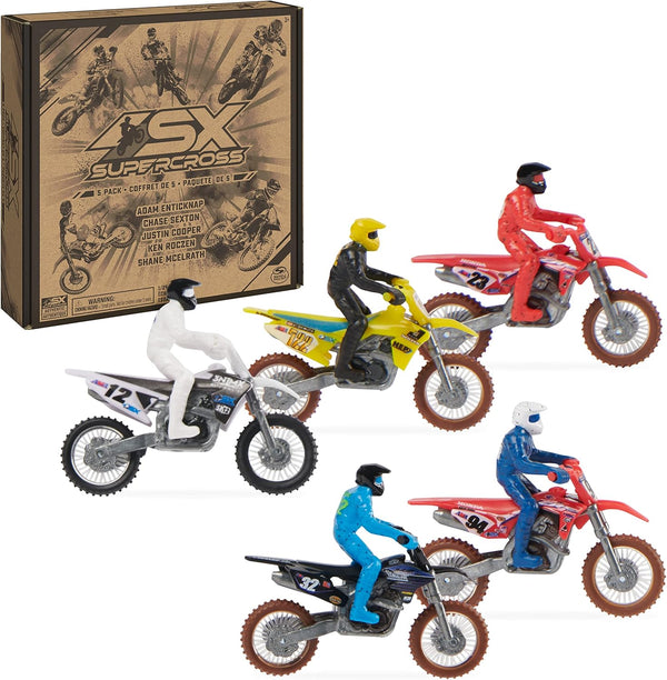 Supercross, Authentic 5-Pack of 1:24 Scale Die-Cast Motorcycles with Rider Figure, Toy