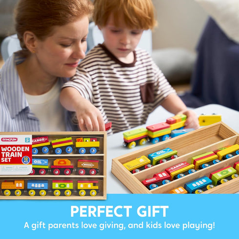 Set 12PCS 2-8 Montessori Wooden Train Toy for Kids, Magnetic Train Cars with Storage Gift Box, STEM Educational Toy