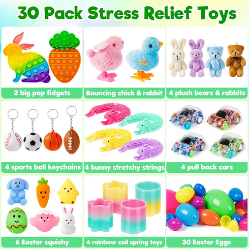 30 Pack 4 IJIGU Prefilled Easter Eggs with Toys, Bulk Mix Sizes Plastic Easter Eggs with Toys Inside, Surprise Eggs