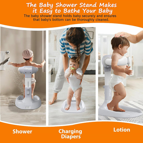 SteelSuperb Anti-Pinch 6-36 Foldable Baby Shower Stand, Toddler Shower Stand with Anti-Slip Base & Silicone, Baby
