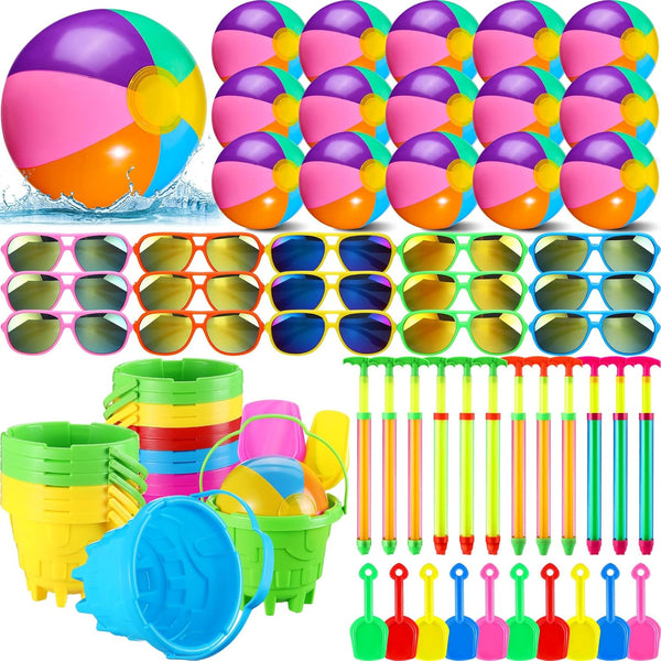 Tanlade 75 Pcs End of Year Students Gift, Kids Beach Pool Party Favors Sand Buckets Shovels Neon Sunglasses Inflatable