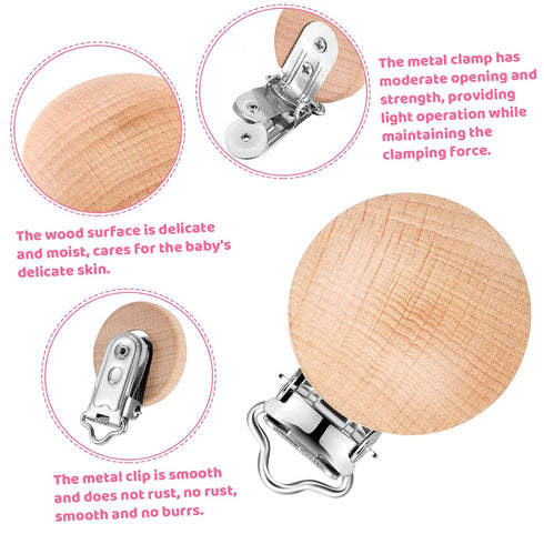 30 Pieces Natural Beech Wood Pacifier Clips, Teething Grasping Toy, DIY Pacifier Clip Holder
