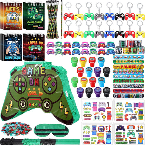 Spakon 113 Pcs Video Game Piñata Set - Birthday Party Supplies with Mini Notebooks, Pens, Keychains, and More