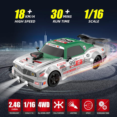 1/16 2.4GHz 4WD RC Drift Car with Spray Remote Control Cars, Remote Control Drift Car Drifting RC Cars with LED Lights