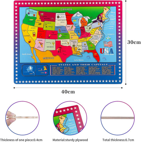 Wondertoys 46 Pieces Wooden USA Map Puzzle - Educational Geography Puzzles for Kids, US Map Puzzle for Boy Girl